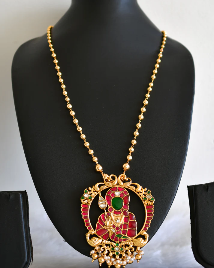 Matte finish Pink & Green Kundan Jadau Shri Karthikeya Pendant set